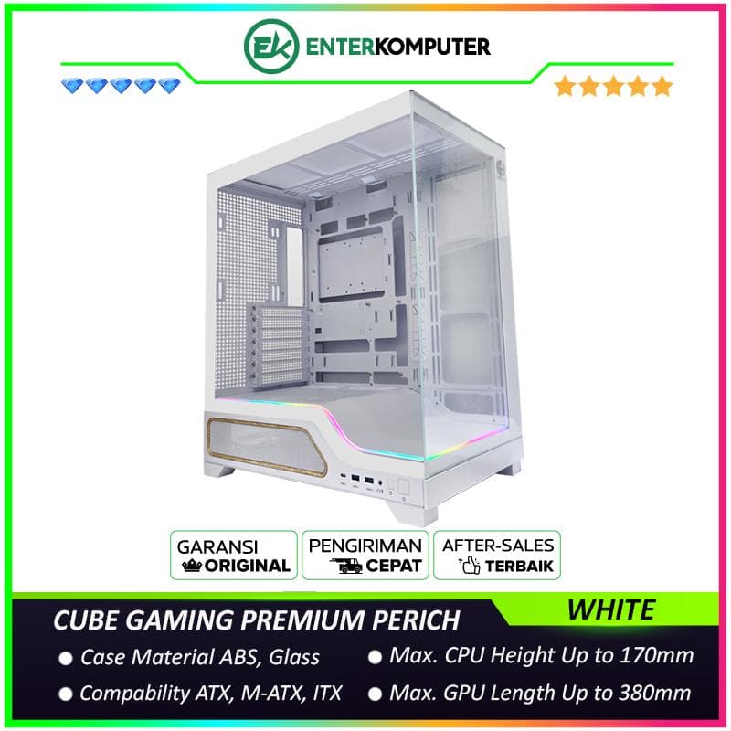 CUBE GAMING PREMIUM PERICH WHITE - ATX Gaming Case - Panoramic View - All White Inside - BTF Mainboard Ready - Front & Left Side Tempered Glass with Bottom ARGB LED Strip - USB Type C Ready - PSU Cover - Dust Filter - foto 1