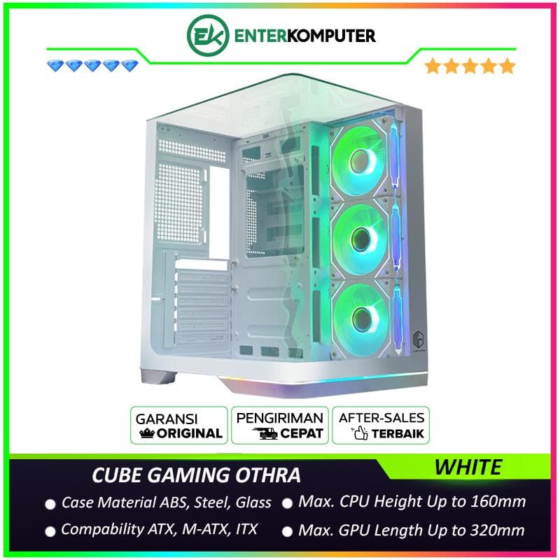 CUBE GAMING OTHRA WHITE - ATX Gaming Case - Panoramic View - Aesthetic Dual Chamber - Top & Front-Left Tempered Glass Curve Design with Bottom ARGB LED Strip - Airflow Potential - FREE 3Pcs 120mm Reverse Infinity Mirror ARGB Fan - foto 1