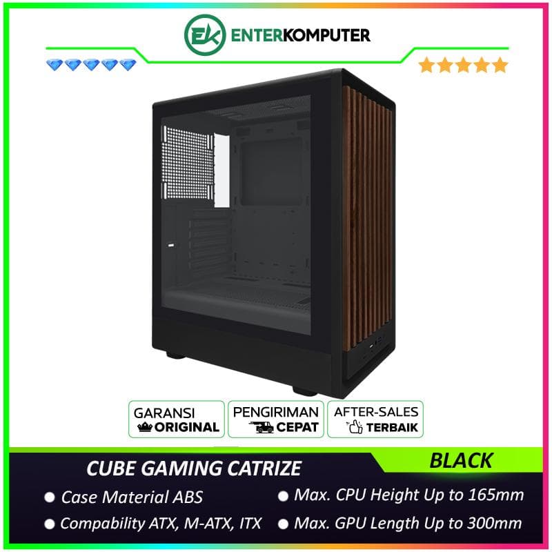 CUBE GAMING CATRIZE BLACK - ATX Gaming Case - Front Mesh with WOOD Exotic Design & Left Side Tempered Glass - Dust Filter - PSU Cover - foto 1