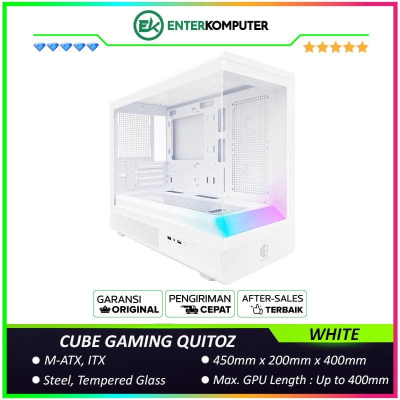 CUBE GAMING QUITOZ WHITE - mATX Gaming Case - All White Inside - Panoramic View - Front ARGB Lighting BAR - Front & Left Side Tempered Glass - Dust Filter - PSU Cover - foto 1