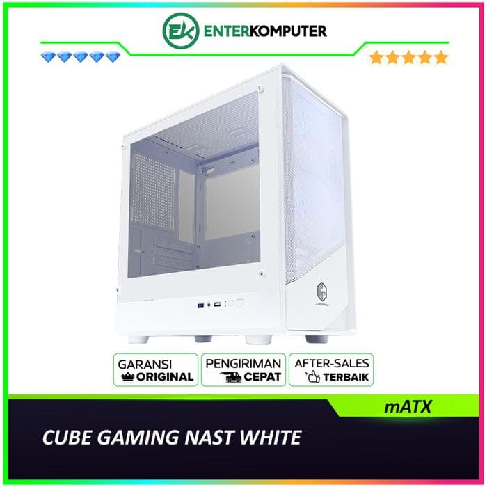 CUBE GAMING NAST WHITE - mATX Gaming Case - All White Inside - Front Mesh & Left Side Tempered Glass - Dust Filter - FREE 2PCS 12CM ARGB Fan - foto 1