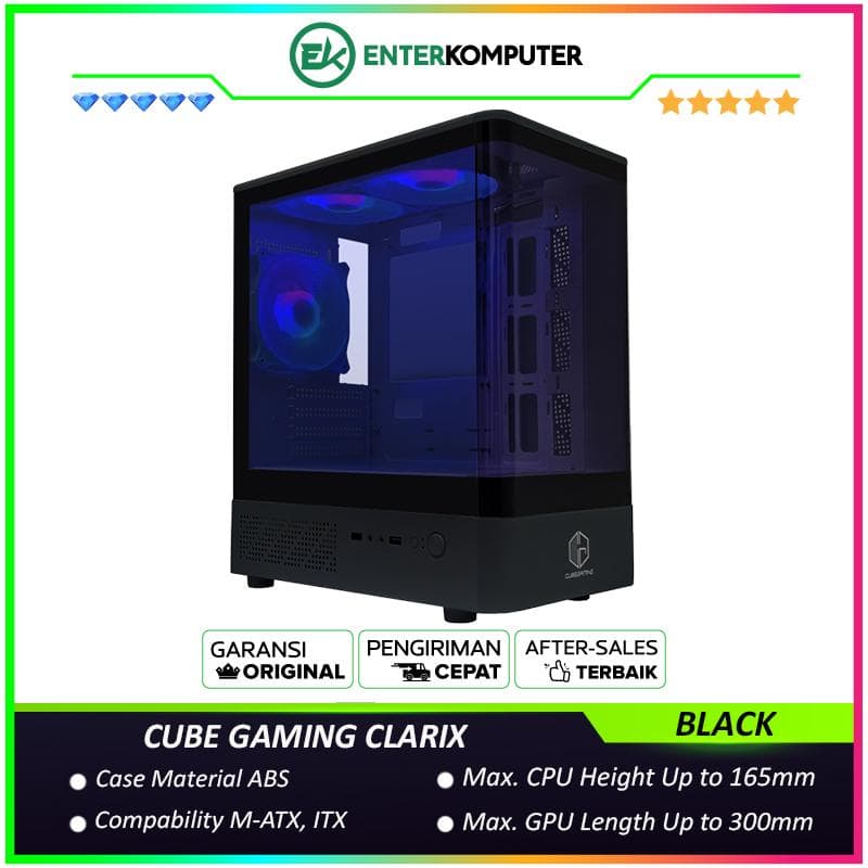 CUBE GAMING CLARIX BLACK - mATX Gaming Case - Panoramic View - Front Curve Design & Left Side Tempered Glass - PSU Cover - Free 3PCS 12CM ARGB FAN - foto 1