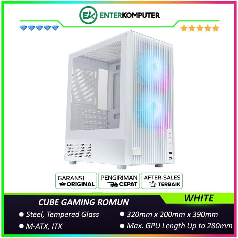 CUBE GAMING ROMUN WHITE - mATX Gaming Case - All White Inside - Mesh Front Panel Design - Left Side Tempered Glass - PSU Cover - FREE 2PCS 12CM ARGB Fan - foto 1