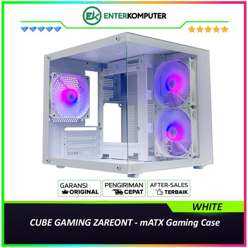 CUBE GAMING ZAREONT WHITE - mATX Gaming Case - All White Inside - Front & Left Side Tempered Glass - Aesthetic Mini Dual Chamber Design - Airflow Potential - Dust Filter - FREE 3Pcs 120mm RGB Fan - foto 1