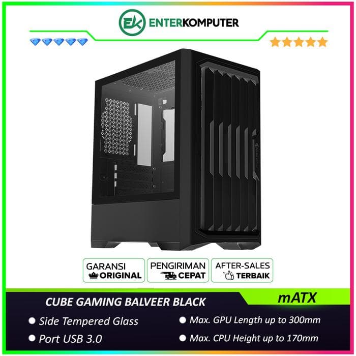 CUBE GAMING BALVEER BLACK - mATX Gaming Case - Front Dust Prevention Design & Left Side Tempered Glass - Dust Filter - PSU Cover - foto 1