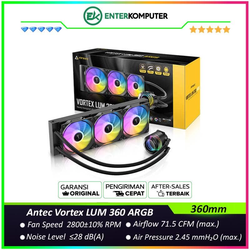 Antec Vortex LUM 360 ARGB - Suspended Spiral Pump Head Design - Extreme Cooling Performance - Highly Efficient Cooling Pump - 3x PWM ARGB Fan - foto 1