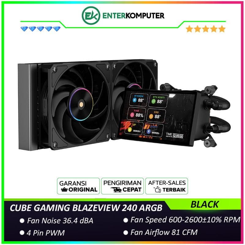 CUBE GAMING BLAZEVIEW 240 ARGB BLACK PERFORMANCE FAN Liquid Cooler - 5 IPS Screen Display - Magnetic Rotatable Pump Head with Custom Display - foto 1