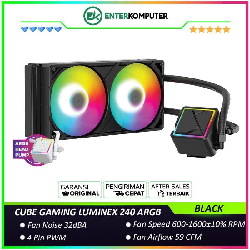 CUBE GAMING LUMINEX 240 ARGB BLACK PERFORMANCE FAN Liquid Cooler - 2x 120 PWM ARGB Fan with ARGB Lighting Pump Head - foto 1