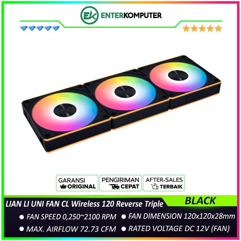 LIAN LI UNI FAN CL Wireless 120 Reverse Blade BLACK Triple Pack with Controller - Two ARGB Light Zones - Balanced Performance with Quiet Operation - 12RCL1W3B - foto 1