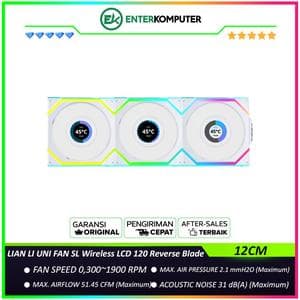 LIAN LI UNI FAN SL Wireless LCD 120 Reverse Blade WHITE Triple Pack with 1.6” LCD SCREEN & Controller - Two Light Zones for An Enhanced Visual Experience - 12RSLLCD1W3W - foto 1