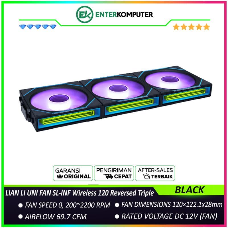 LIAN LI UNI FAN SL-INF Wireless 120 Reversed Blade BLACK Triple Pack - Three Light Zones - Asymmetrical Infinity Mirror Design - 12RSLIN1W3B - foto 1