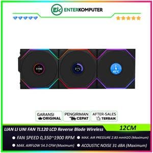 LIAN LI UNI FAN TL120 LCD Reverse Blade Wireless BLACK Triple Pack with 1.6” LCD SCREEN & Controller - Two Light Zones for An Enhanced Visual Experience - Noise-Optimized and Performance-Oriented Fan - 12RTLLCD1W3B - foto 1