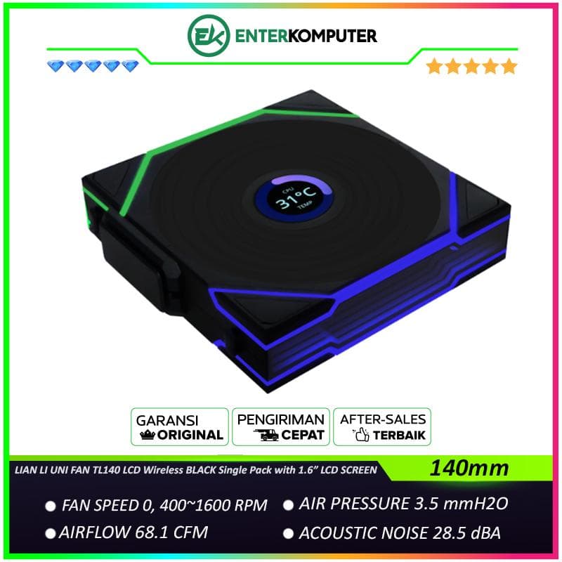 LIAN LI UNI FAN TL140 LCD Wireless BLACK Single Pack with 1.6” LCD SCREEN - Dual Zone Lighting Effects - Empower with Customisable Display & Customisable Fan Speed - Dazzle with Infinity Mirror - 14TLLCD1W1B - foto 1