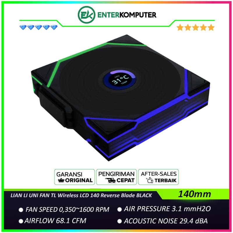 LIAN LI UNI FAN TL Wireless LCD 140 Reverse Blade BLACK - Dual Zone Lighting Effects - Empower with Customisable Display & Customisable Fan Speed - Dazzle with Infinity Mirror - 14RTLLCD1W1B - foto 1