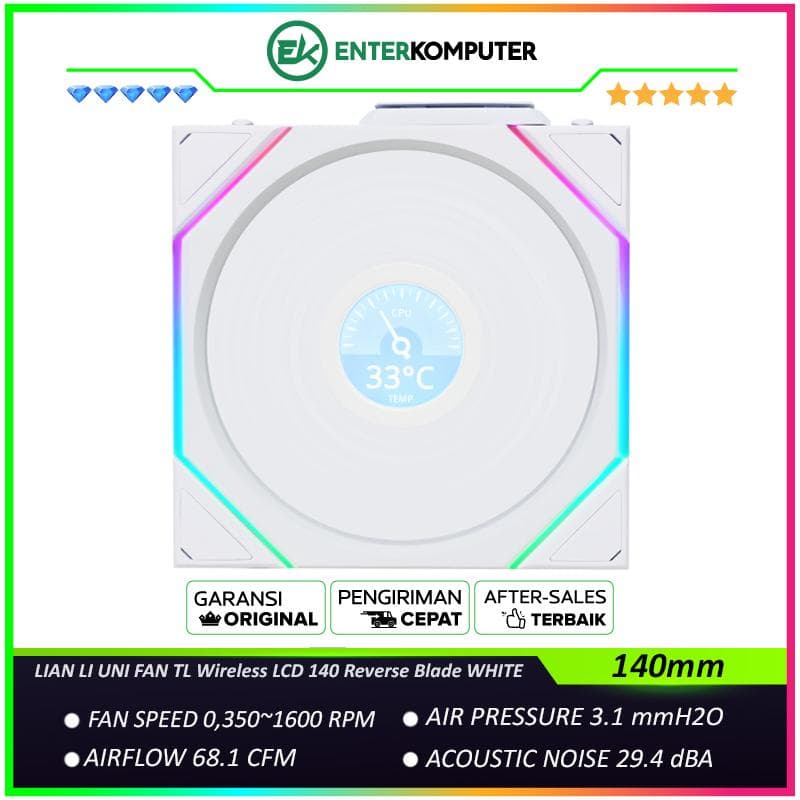 LIAN LI UNI FAN TL Wireless LCD 140 Reverse Blade WHITE - Dual Zone Lighting Effects - Empower with Customisable Display & Customisable Fan Speed - Dazzle with Infinity Mirror - 14RTLLCD1W1W - foto 1