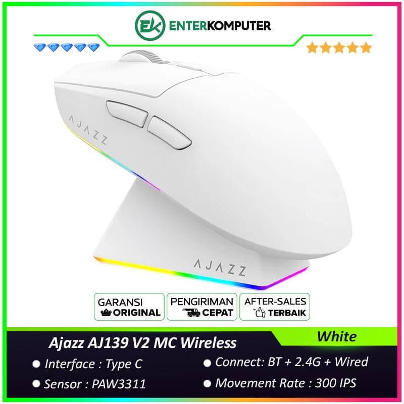 Ajazz AJ139 V2 MC Wireless Gaming Mouse with Charging Base - White - foto 1