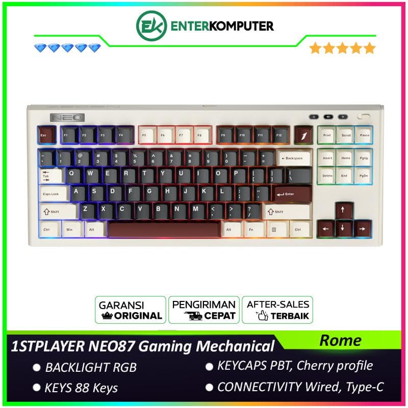1STPLAYER NEO87 Rome Gaming Mechanical Keyboard 88 Keys Layout - Gasket Structure - RGB Backligting - PBT Keycap - Five-layer Noise Cancellation - Accent Light Strip on The Side of The Keyboard - NEO87-RM-WLD - foto 1