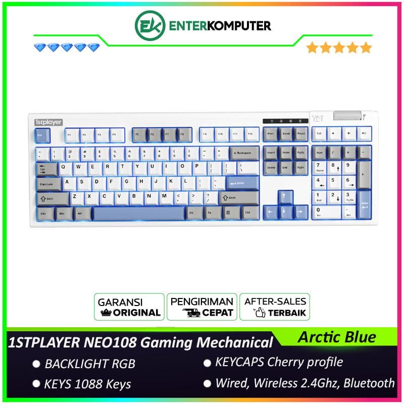1STPLAYER NEO108 Arctic Blue Gaming Mechanical Keyboard 108 Keys Layout - Five-Layer Gasket Structure - Dynamic RGB Backlighting - Lavendar Switch - Full Key Hot-Swapping - Comfort-Designed Adjustment Wheel - RGB Accent Light Strip - NEO108-AB-TLD - foto 1