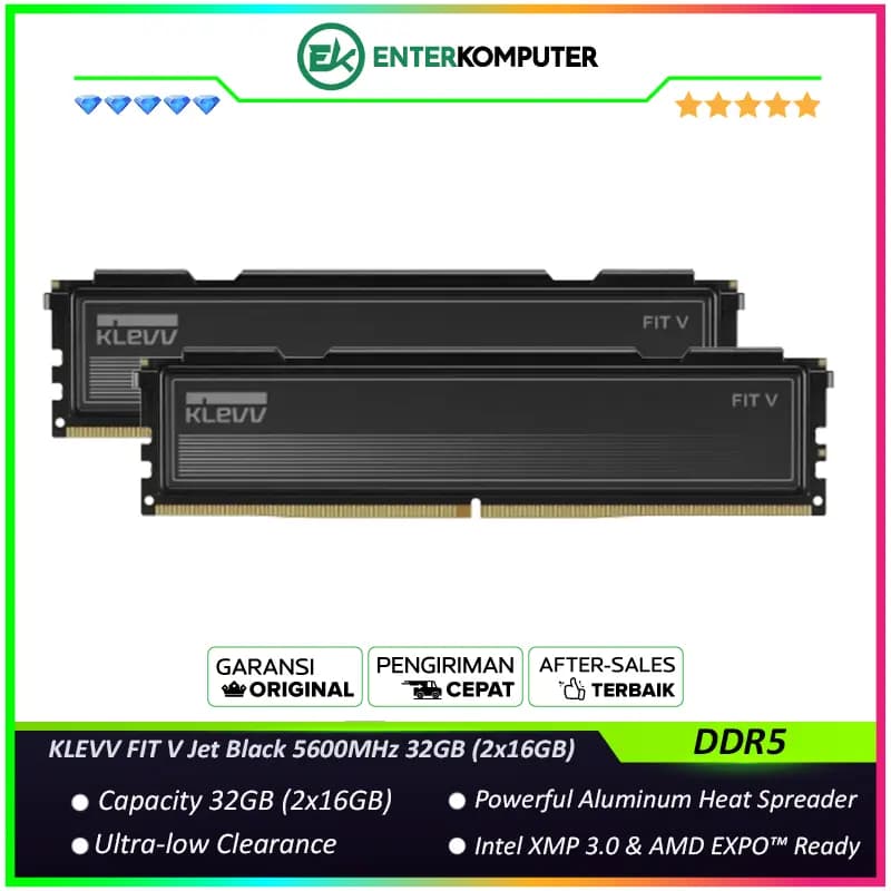 KLEVV FIT V Jet Black DDR5 PC44800 5600MHz 32GB (2x16GB) 30-36-36-88 - KD5AGU880-56K300L - foto 1