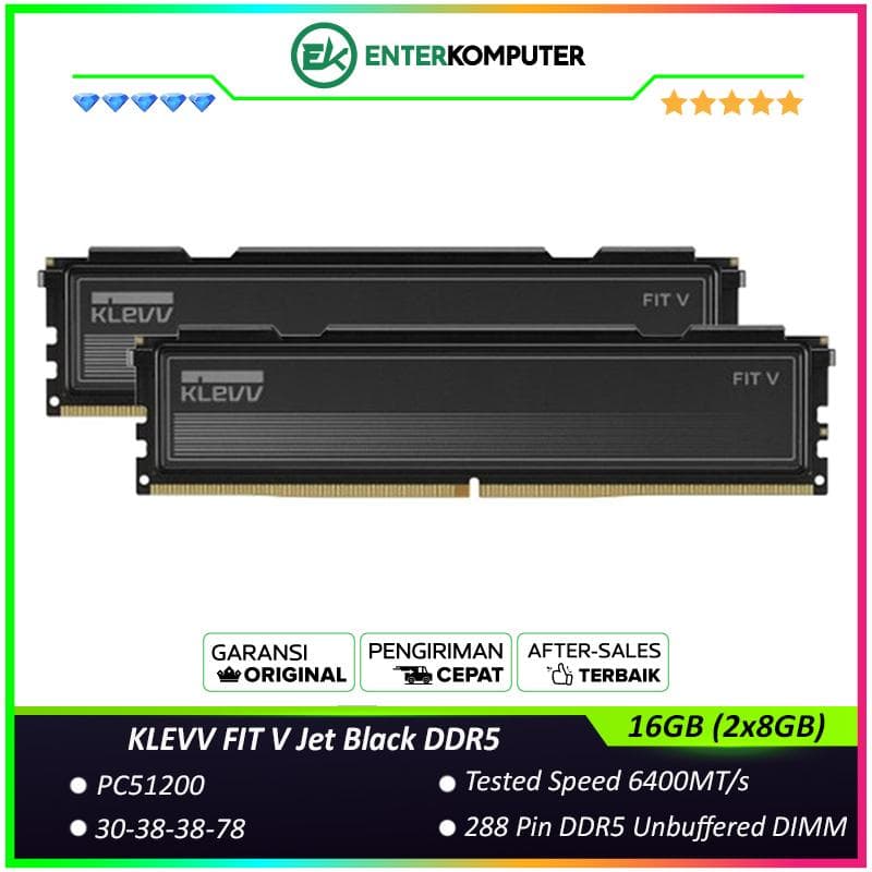 KLEVV FIT V Jet Black DDR5 PC51200 6400MHz 16GB (2x8GB) 30-38-38-78 - KD58GU880-64B300L - foto 1