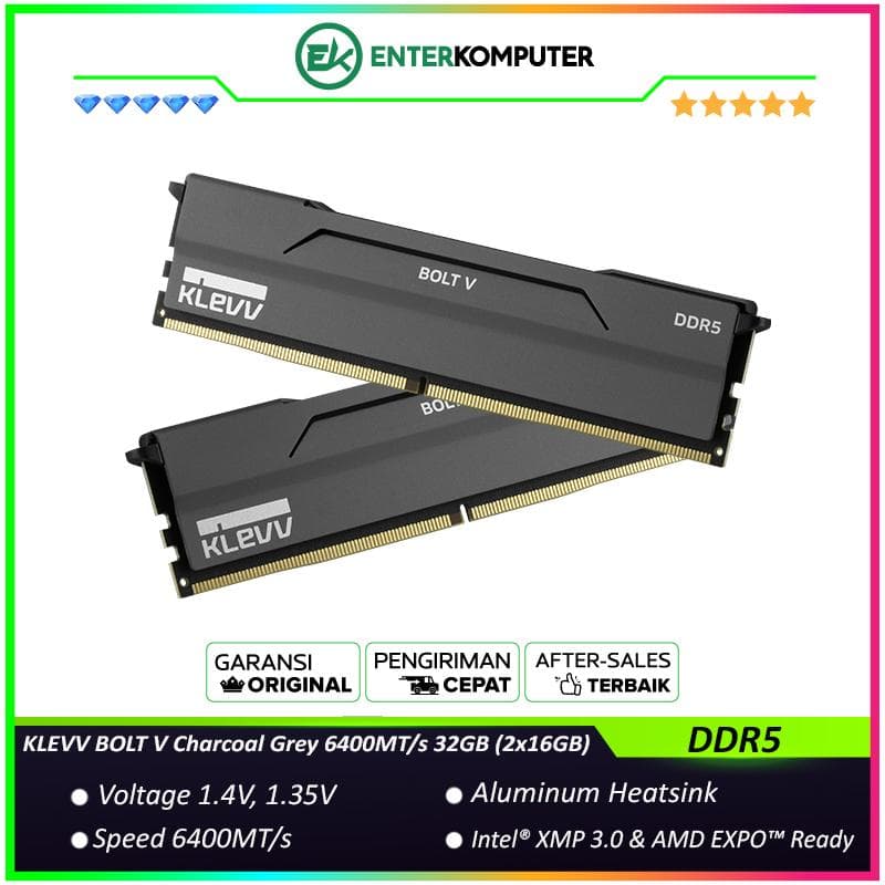 KLEVV BOLT V Charcoal Grey DDR5 PC51200 6400MHz 32GB (2x16GB) 30-38-38-78 - KD5AGUA80-64B300H - foto 1