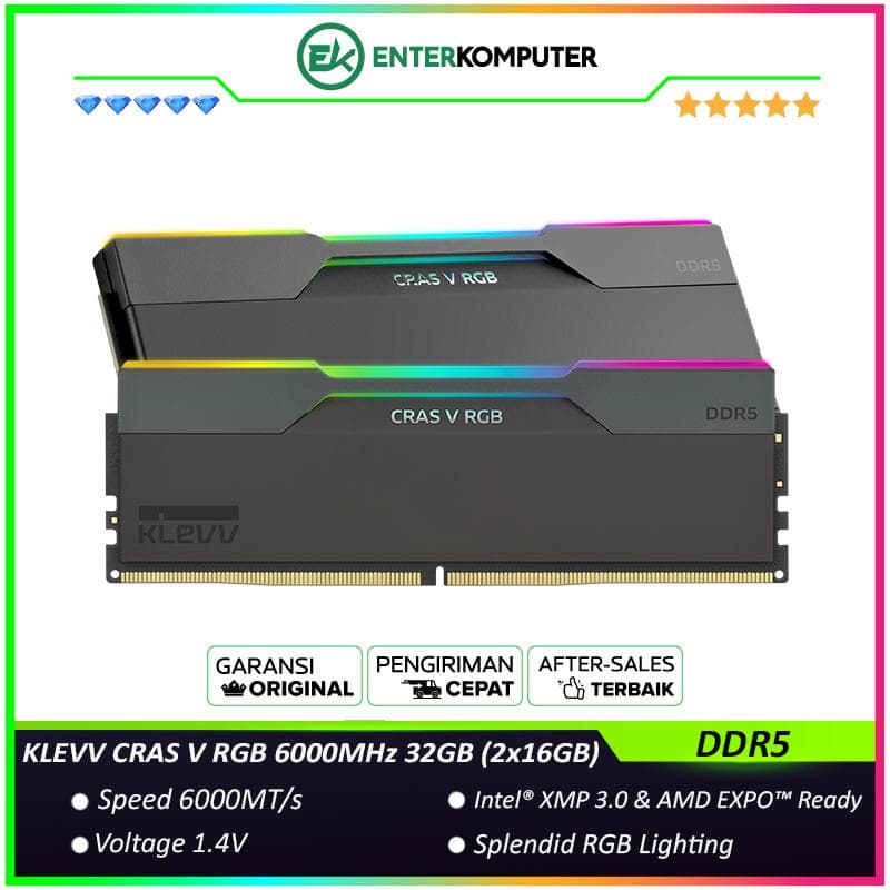 KLEVV CRAS V RGB Obsidian Black DDR5 PC48000 6000MHz 32GB (2x16GB) 28-36-36-76 - KD5AGUA80-60B280G - foto 1