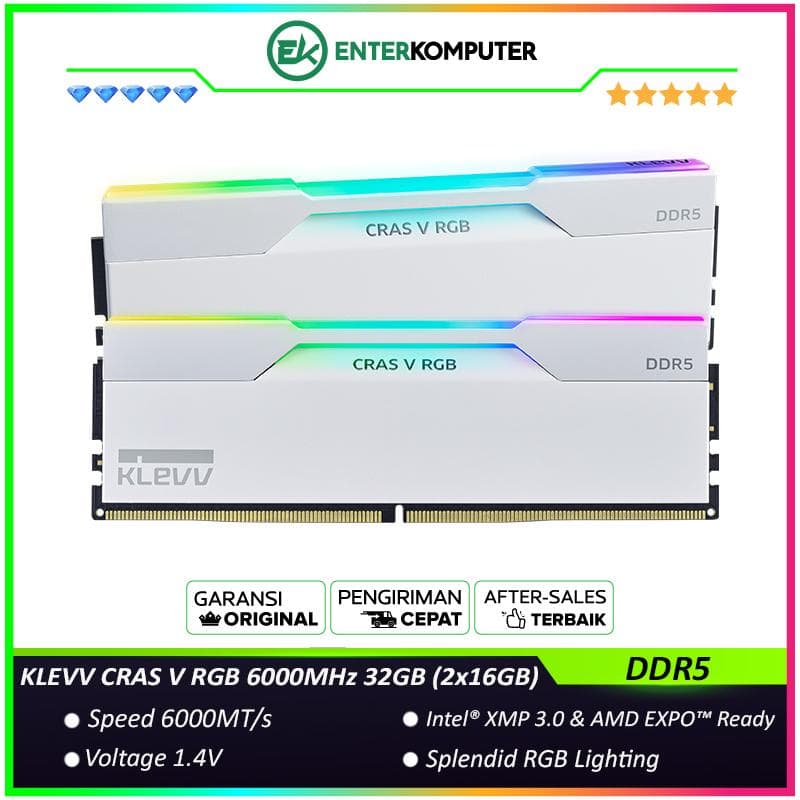 KLEVV CRAS V RGB Brilliant White DDR5 PC48000 6000MHz 32GB (2x16GB) 28-36-36-76 - KD5AGUA80-60B280J - foto 1