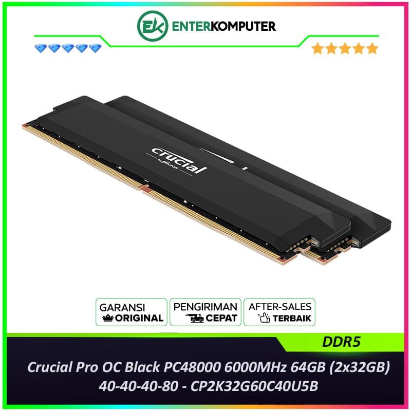 Crucial Pro OC Black DDR5 PC48000 6000MHz 64GB (2x32GB) 40-40-40-80 - CP2K32G60C40U5B - foto 1