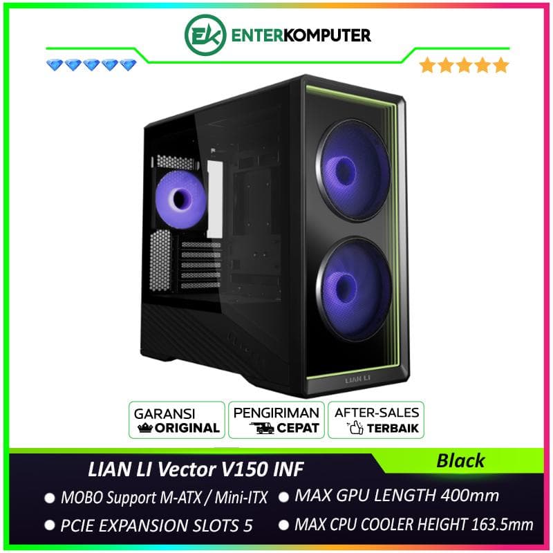 LIAN LI Vector V150 INF - Mid-Tower Case - Front Panel Tempered Glass with ARGB Infinity Mirror - Back-CONNECT Motherboards Compatible - 4MM Tempered Glass - USB Type C - FREE 2Pcs 140MM ARGB Infinity Fan + 1Pcs 120MM ARGB Infinity Fan - foto 1