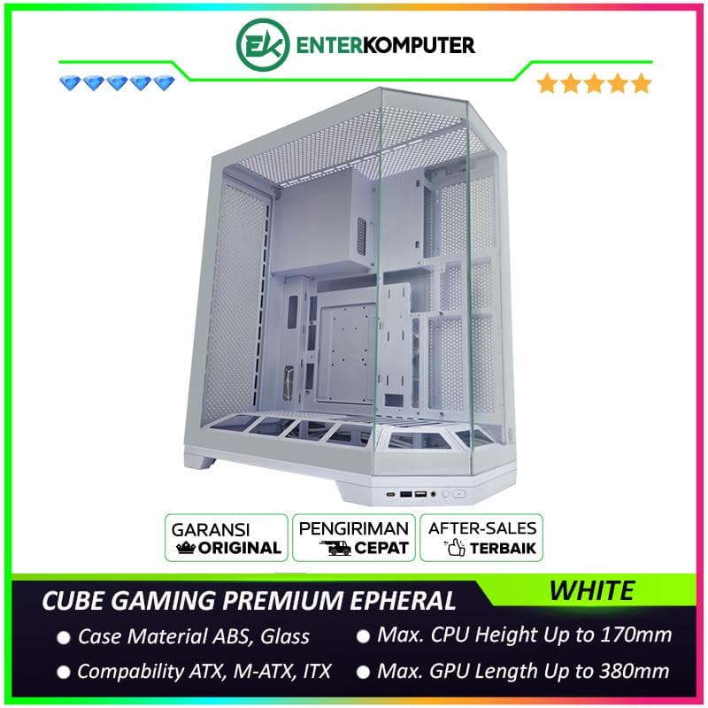 CUBE GAMING PREMIUM EPHERAL WHITE - ATX Gaming Case - UNIQUE FUTURISTIC DESIGN Dual Chamber - Panoramic View - All White Inside - BTF Mainboard Ready - Front & Left Side Tempered Glass and Tools Free - USB Type C Ready - Dust Filter - foto 1
