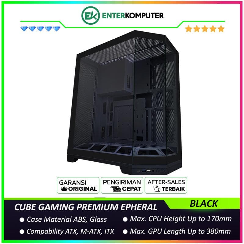 CUBE GAMING PREMIUM EPHERAL BLACK - ATX Gaming Case - UNIQUE FUTURISTIC DESIGN Dual Chamber - Panoramic View - BTF Mainboard Ready - Front & Left Side Tempered Glass and Tools Free - USB Type C Ready - Dust Filter - foto 1