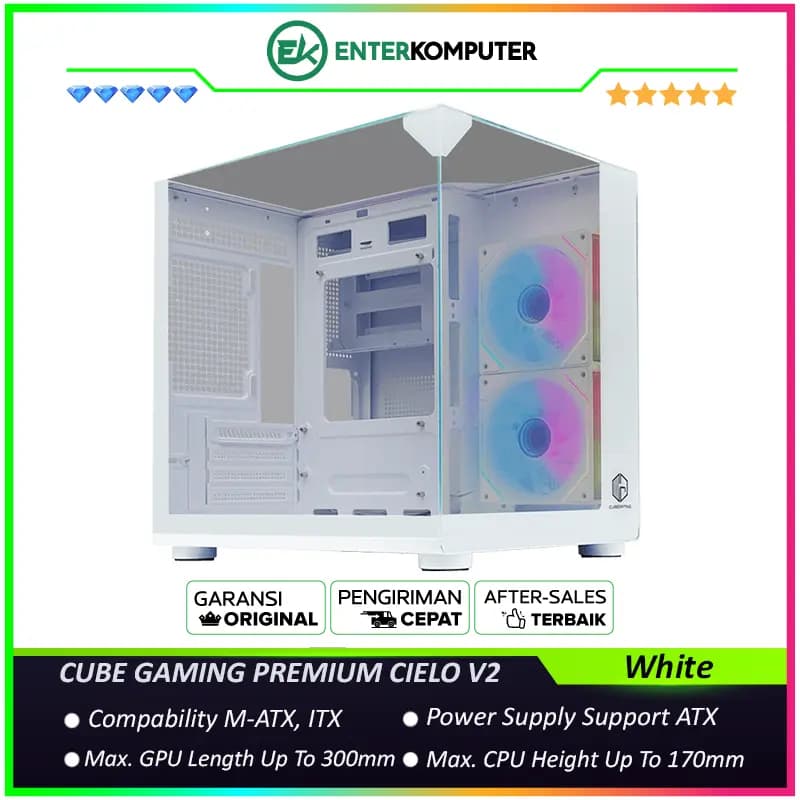 CUBE GAMING PREMIUM CIELO V2 WHITE - mATX Gaming Case - All White Inside - Front-Top & Left Side Tempered Glass - Aesthetic Mini Dual Chamber Design - Airflow Potential - Dust Filter - FREE 2Pcs 120mm Infinity Mirror ARGB Fan - foto 1