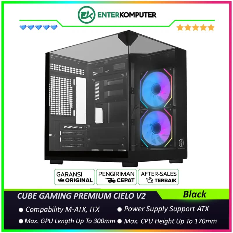 CUBE GAMING PREMIUM CIELO V2 BLACK - mATX Gaming Case - Front-Top & Left Side Tempered Glass - Aesthetic Mini Dual Chamber Design - Airflow Potential - Dust Filter - FREE 2Pcs 120mm Infinity Mirror ARGB Fan - foto 1