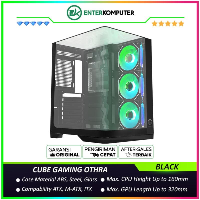 CUBE GAMING OTHRA BLACK - ATX Gaming Case - Panoramic View - Aesthetic Dual Chamber - Top & Front-Left Tempered Glass Curve Design with Bottom ARGB LED Strip - Airflow Potential - FREE 3Pcs 120mm Reverse Infinity Mirror ARGB Fan - foto 1