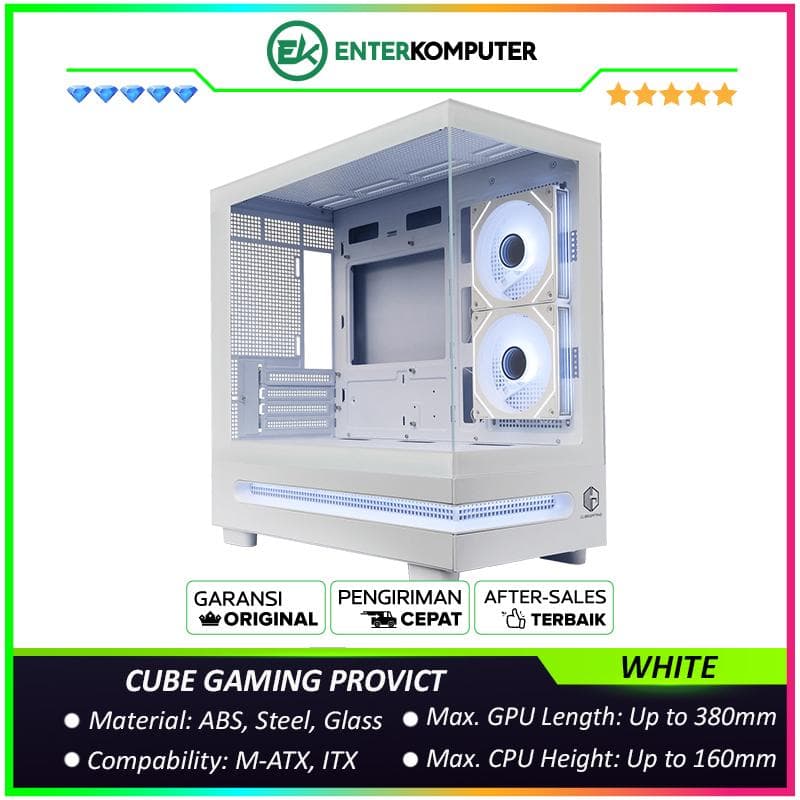 CUBE GAMING PROVICT WHITE - mATX Gaming Case - All White Inside - Panoramic View - Front & Left Side Tempered Glass with Bottom ARGB LED Strip - Dust Filter - PSU Cover - FREE 2Pcs 120mm Infinity Mirror ARGB Fan - foto 1
