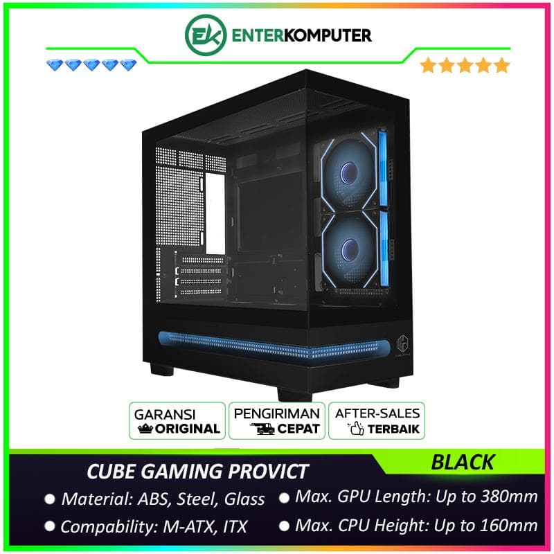 CUBE GAMING PROVICT BLACK - mATX Gaming Case - Panoramic View - Front & Left Side Tempered Glass with Bottom ARGB LED Strip - Dust Filter - PSU Cover - FREE 2Pcs 120mm Infinity Mirror ARGB Fan - foto 1
