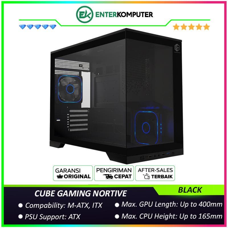 CUBE GAMING NORTIVE BLACK - mATX Gaming Case - Panoramic View - BTF Mainboard Ready - Front & Left Side Tempered Glass - Dust Filter - FREE 2PCS 12CM ARGB FAN - foto 1
