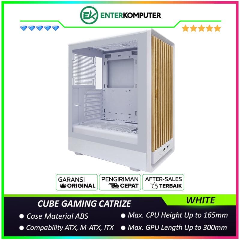 CUBE GAMING CATRIZE WHITE - ATX Gaming Case - All White Inside - Front Mesh with WOOD Exotic Design & Left Side Tempered Glass - Dust Filter - PSU Cover - foto 1