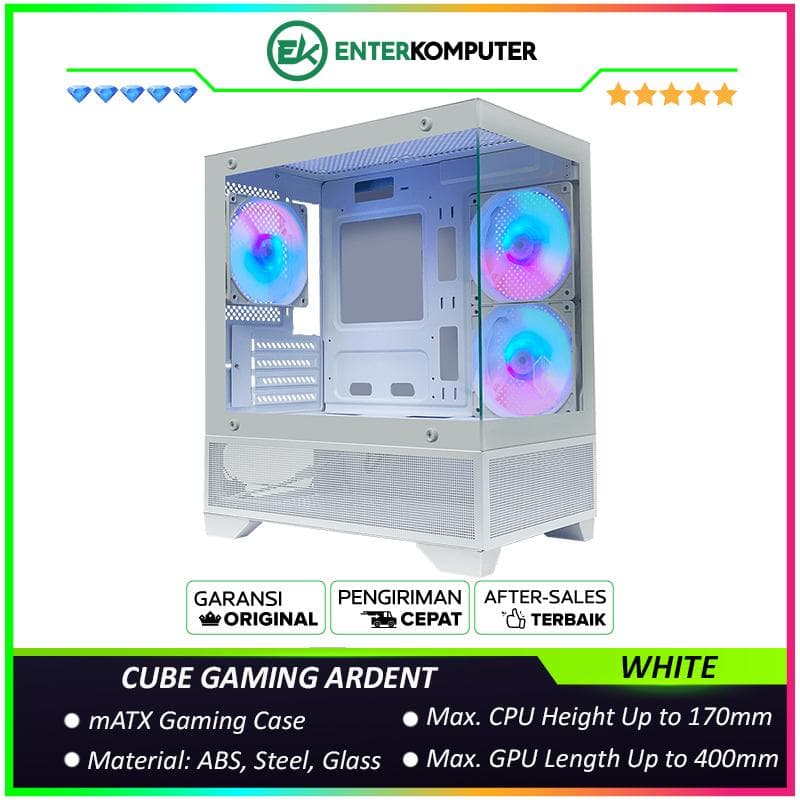 CUBE GAMING ARDENT WHITE - mATX Gaming Case - All White Inside - Front & Left Side Tempered Glass - Dust Filter - PSU Cover with Mesh Panel - FREE 3Pcs 120mm RGB Fan - foto 1
