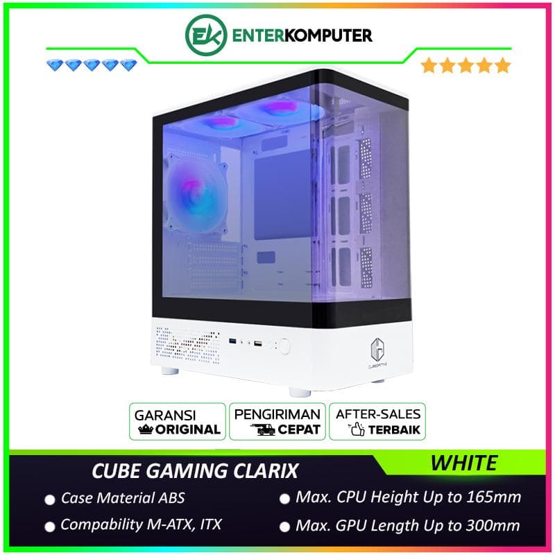 CUBE GAMING CLARIX WHITE - mATX Gaming Case - Panoramic View - Front Curve Design & Left Side Tempered Glass - PSU Cover - Free 3PCS 12CM ARGB FAN - foto 1