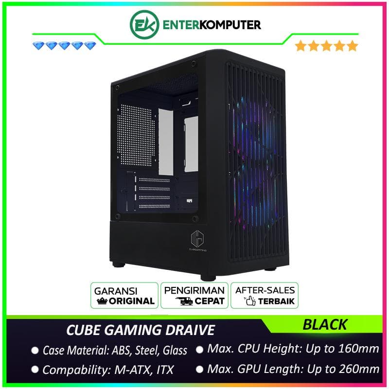 CUBE GAMING DRAIVE BLACK - mATX Gaming Case - Front Mesh & Left Side Tempered Glass - PSU Cover - Dust Filter - FREE 2PCS 12CM ARGB Fan - foto 1