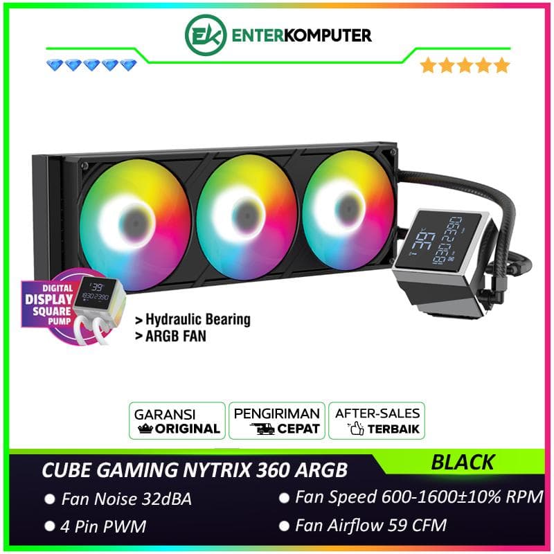 CUBE GAMING NYTRIX 360 ARGB BLACK PERFORMANCE FAN Liquid Cooler - 3.4 Display Screen - Magnetic Rotatable Square Pump Head with Rectange Digital Display - foto 1