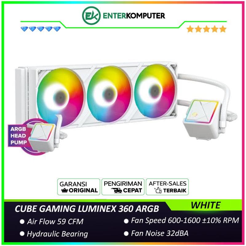 CUBE GAMING LUMINEX 360 ARGB WHITE PERFORMANCE FAN Liquid Cooler - 3x 120 PWM ARGB Fan with ARGB Lighting Pump Head - foto 1