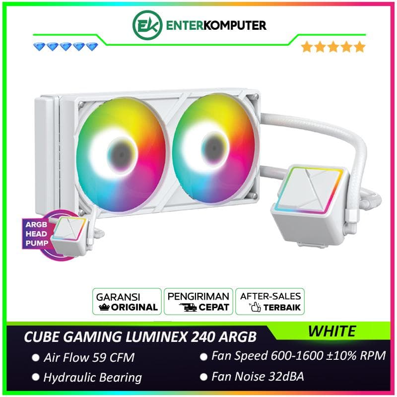 CUBE GAMING LUMINEX 240 ARGB WHITE PERFORMANCE FAN Liquid Cooler - 2x 120 PWM ARGB Fan with ARGB Lighting Pump Head - foto 1