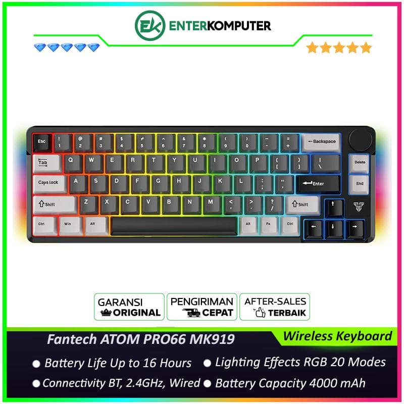 Fantech ATOM PRO66 MK919 65% Tri Mode Connection Mechanical Gaming Keyboard - Black (Blue Switch) - foto 1