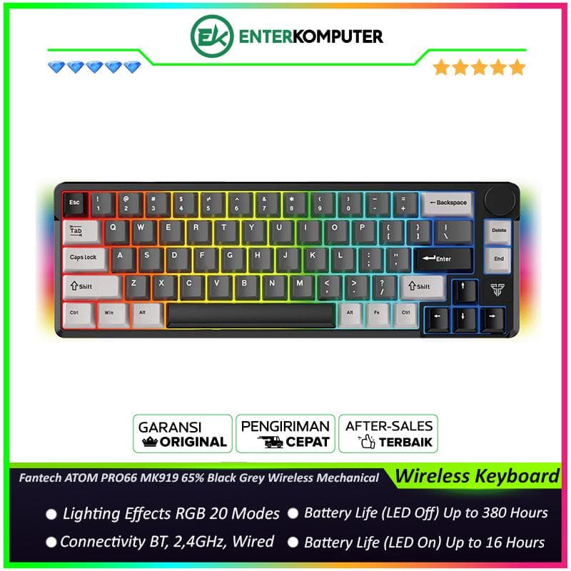 Fantech ATOM PRO66 MK919 65% Tri Mode Connection Mechanical Gaming Keyboard - Black (Red Switch) - foto 1