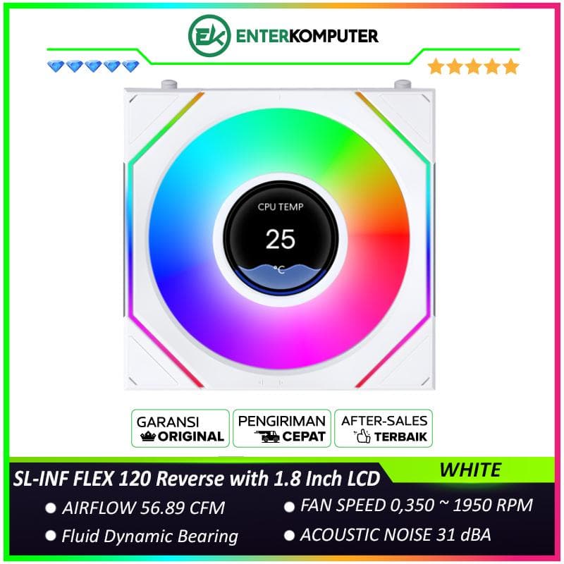 LIAN LI UNI FAN SL-INF FLEX 120 Reverse Blade WHITE Single Pack with 1.8 Inch LCD Display - Multiple Control Modes - Three-Zone ARGB Lighting with Fan Blade - Side Infinity Mirror and Edge Lighting Effects - 12RSLIND1F1W - foto 1