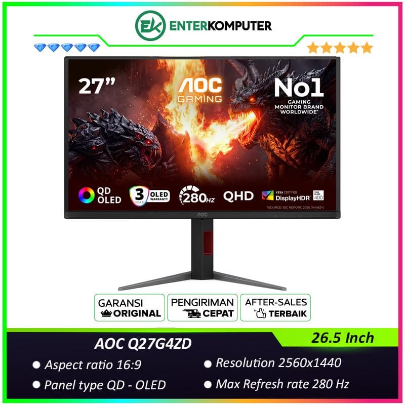 AOC Q27G4ZD 26.5 Inch QHD QD-OLED 240Hz HDR400 Gaming Monitor - foto 1