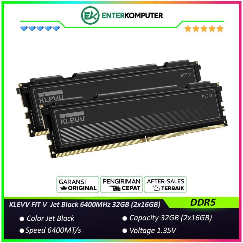 KLEVV FIT V Jet Black DDR5 PC51200 6400MHz 32GB (2x16GB) 30-38-38-78 - KD5AGU880-64B300L - foto 1