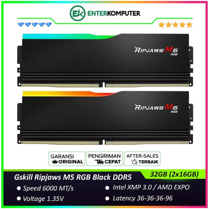 Gskill Ripjaws M5 RGB Black DDR5 PC48000 6000MHz 32GB (2x16GB) 36-36-36-96 - F5-6000J3636F16GX2-RM5RK - foto 1
